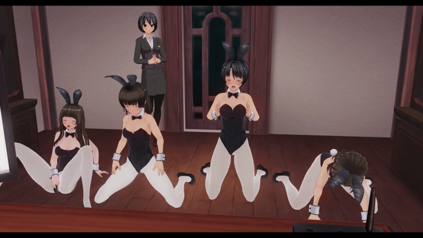 3d animated animated_gif black_hair blush breasts bunnysuit closed_eyes clothed cowgirl_position cuffs custom_maid_3d_2 doggy_style female_only femdom femsub h-c-m large_breasts long_hair masturbation multiple_girls multiple_subs open_mouth original sharp1_(manipper) short_hair