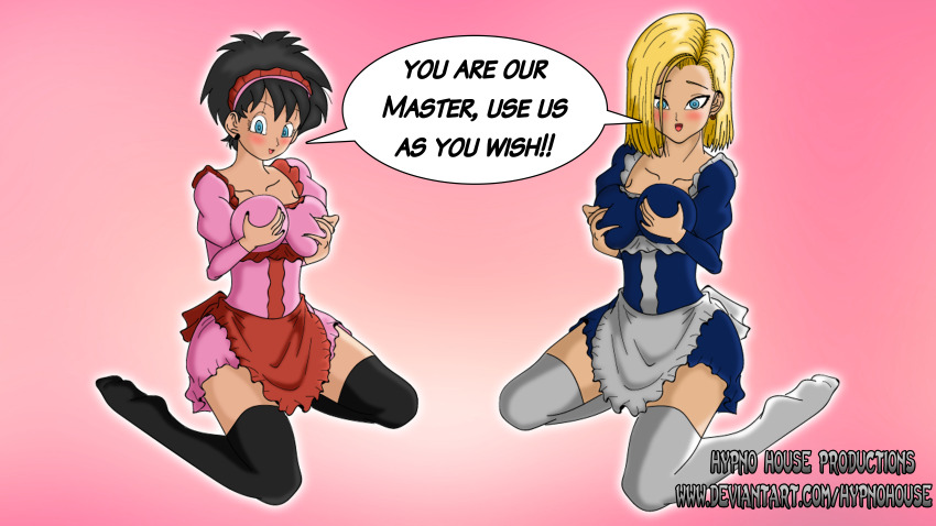 absurdres android_18 apron black_hair blonde_hair blue_eyes blush breast_grab breasts dialogue dragon_ball female_only femsub groping hair_covering_one_eye happy_trance hypnohouse large_breasts maid maid_headdress multiple_girls multiple_subs open_mouth short_hair smile speech_bubble text thighhighs videl