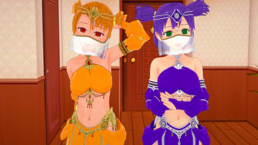 3d absurdres alisa_(everlasting_summer) arms_above_head bare_shoulders crossed_arms empty_eyes everlasting_summer female_only femsub fingerless_gloves gloves green_eyes hand_on_head happy_trance harem_outfit jewelry lena_(everlasting_summer) light_skin multiple_girls multiple_subs navel necklace opera_gloves orange_hair purple_hair red_eyes see-through shadow1333 short_hair standing tan_skin twintails veil