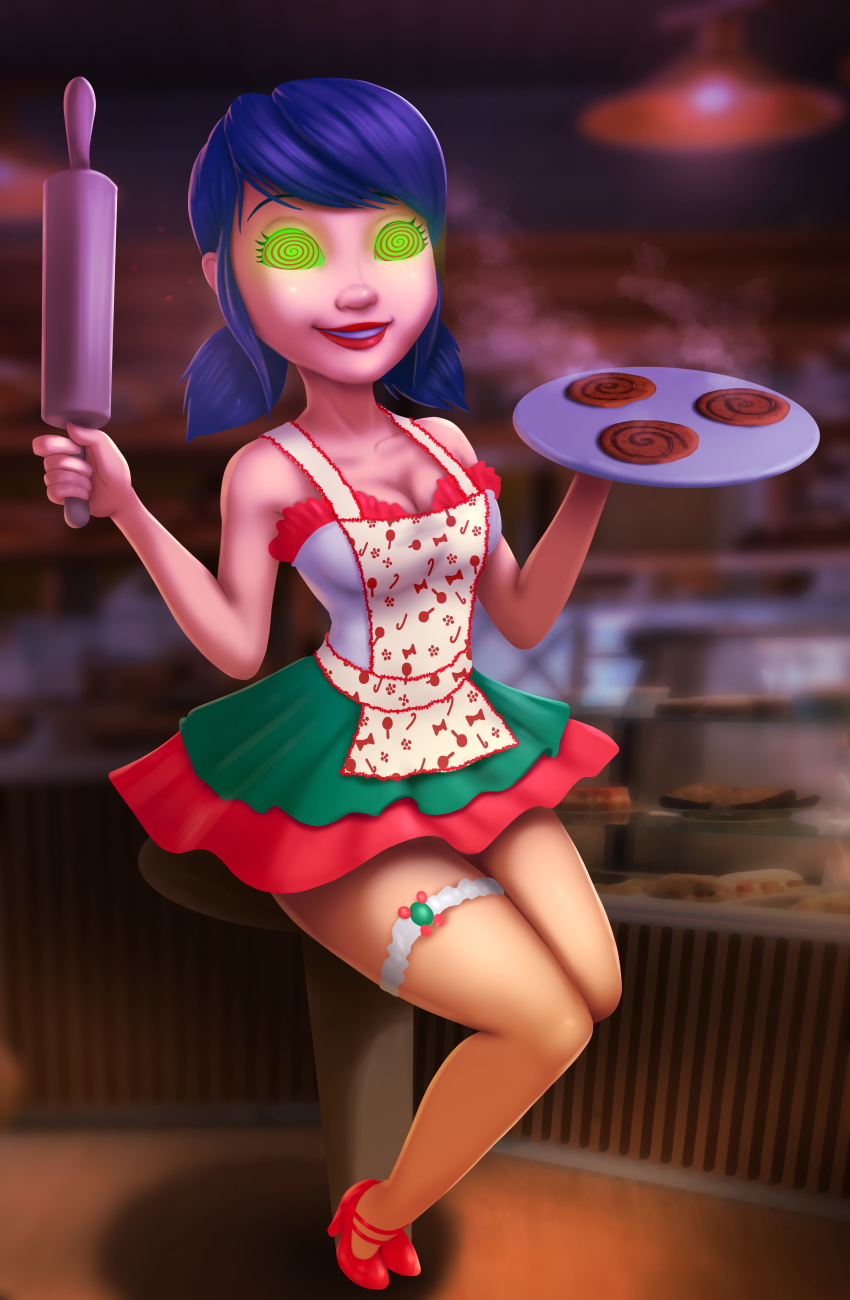 14-bis absurdres apron bare_shoulders blue_hair christmas cleavage cookies femsub food happy_trance high_heels marinette_dupain-cheng miraculous_ladybug red_lipstick sitting smile spiral_eyes symbol_in_eyes twintails