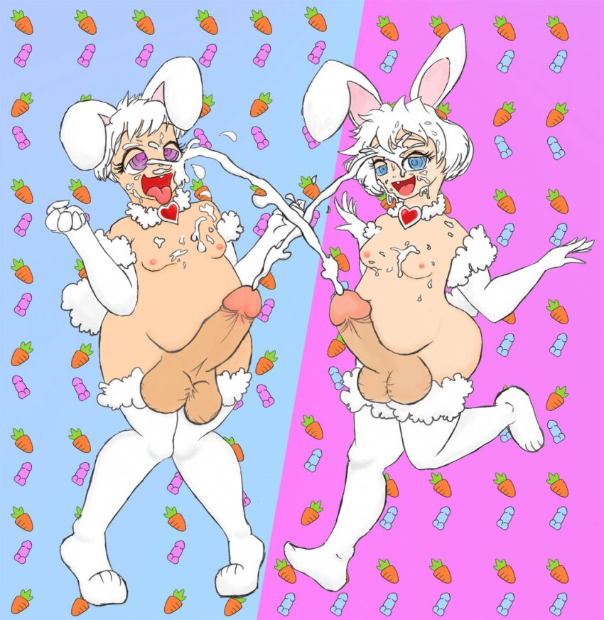 androgynous bunny_boy bunny_ears chubby collar cum cum_on_body cum_on_face erection fat gloves handsfree_ejaculation happy_trance large_penis luckyluckyluckypenny male_only malesub multiple_boys open_mouth orgasm original penis ring_eyes thighhighs tongue tongue_out white_hair yaoi