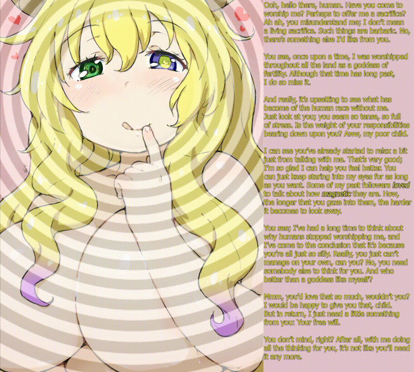 alequin_(manipper) animated animated_gif bare_breasts bare_shoulders blonde_hair blush breasts caption dialogue femdom goddess heterochromia horns huge_breasts hypnotic_eyes large_breasts licking_lips looking_at_viewer manip miss_kobayashi's_dragon_maid multicolored_hair pink_hair pov pov_sub quetzalcoatl_(maidragon) spiral spiral_eyes symbol_in_eyes text