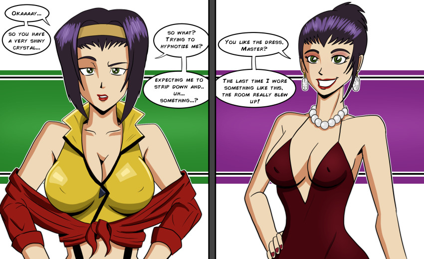 before_and_after breasts cleavage cowboy_bebop dialogue domestication dress earrings faye_valentine female_only femsub green_eyes happy_trance headband jewelry large_breasts necklace polmanning purple_hair short_hair smile solo speech_bubble stepfordization text