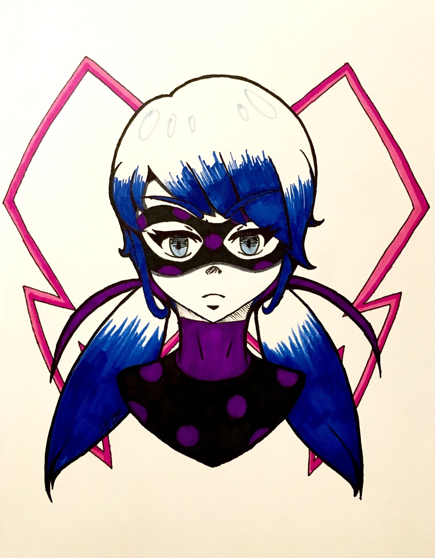 absurdres alternate_costume alternate_hairstyle alternianbutterfly black_hair blue_eyes corruption hair_ribbon marinette_dupain-cheng mask miraculous_ladybug ribbon simple_background super_hero traditional twintails