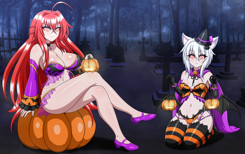 absurdres ahoge animal_ears bat_wings breasts cape cat_ears cat_girl costume female_only femsub gloves halloween happy_trance hat high_school_dxd kneeling koneko_toujou large_breasts lingerie long_hair midriff navel opera_gloves pumpkin red_hair rias_gremory short_hair small_breasts smile spiral_eyes symbol_in_eyes thighhighs underwear white_hair wings witch_hat yensh