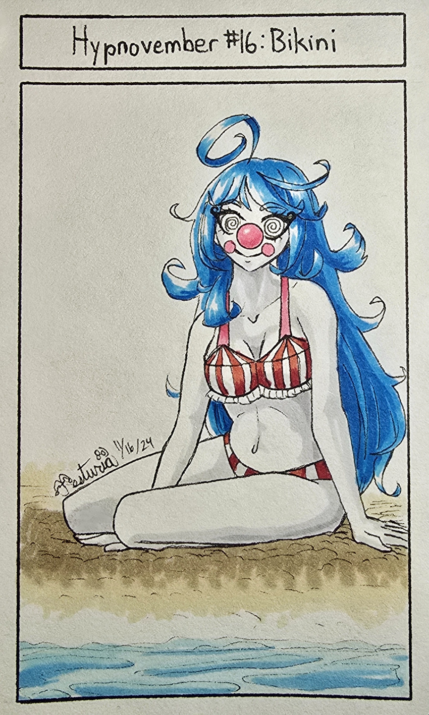 absurdres ahoge bare_legs beach bikini blue_hair clown clown_girl collarbone color face_paint female_only femsub happy_trance jesturia navel original outdoors pale_skin sasha_smiles signature sitting smile solo spiral_eyes tagme traditional very_long_hair white_skin