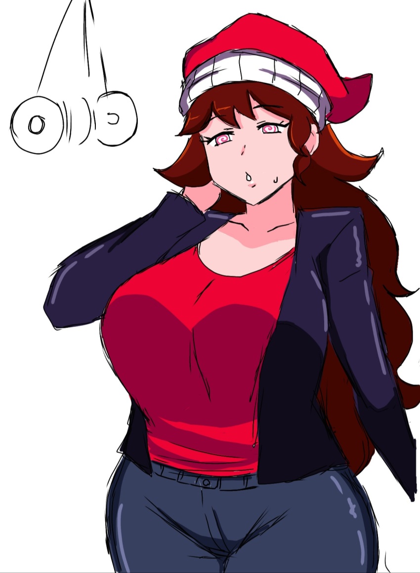 absurdres brown_hair collarbone expressionless female_only femsub friday_night_funkin' girlfriend_(friday_night_funkin') huge_breasts indifferent jeans long_hair lullaby_girlfriend momiji_(artist) simple_background sketch solo spiral_eyes sweat tomboy unaware white_background wide_hips