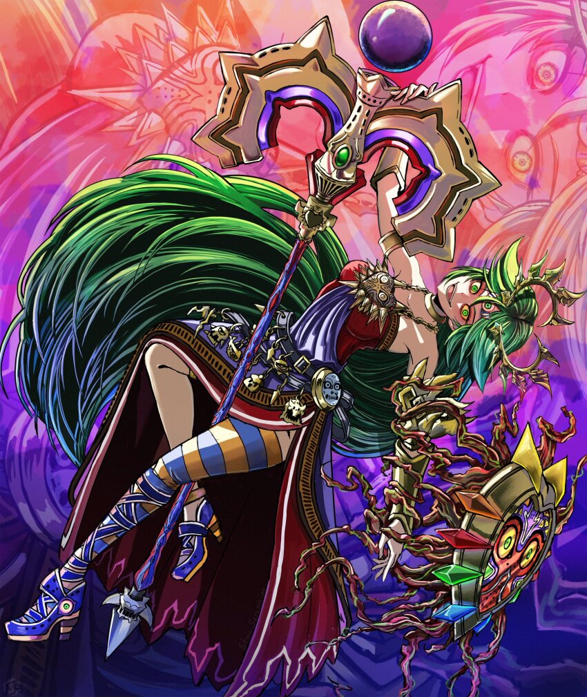alternate_costume armor bare_legs bare_shoulders bracelet breasts choker corruption crossover crown dancing dress evil_smile femsub green_eyes green_hair happy_trance high_heels kid_icarus long_hair looking_at_viewer majora majora's_mask necklace nintendo palutena pole_dancing possession red_dress shield smile staff stoic_seraphim tentacles the_legend_of_zelda thighhighs yellow_sclera