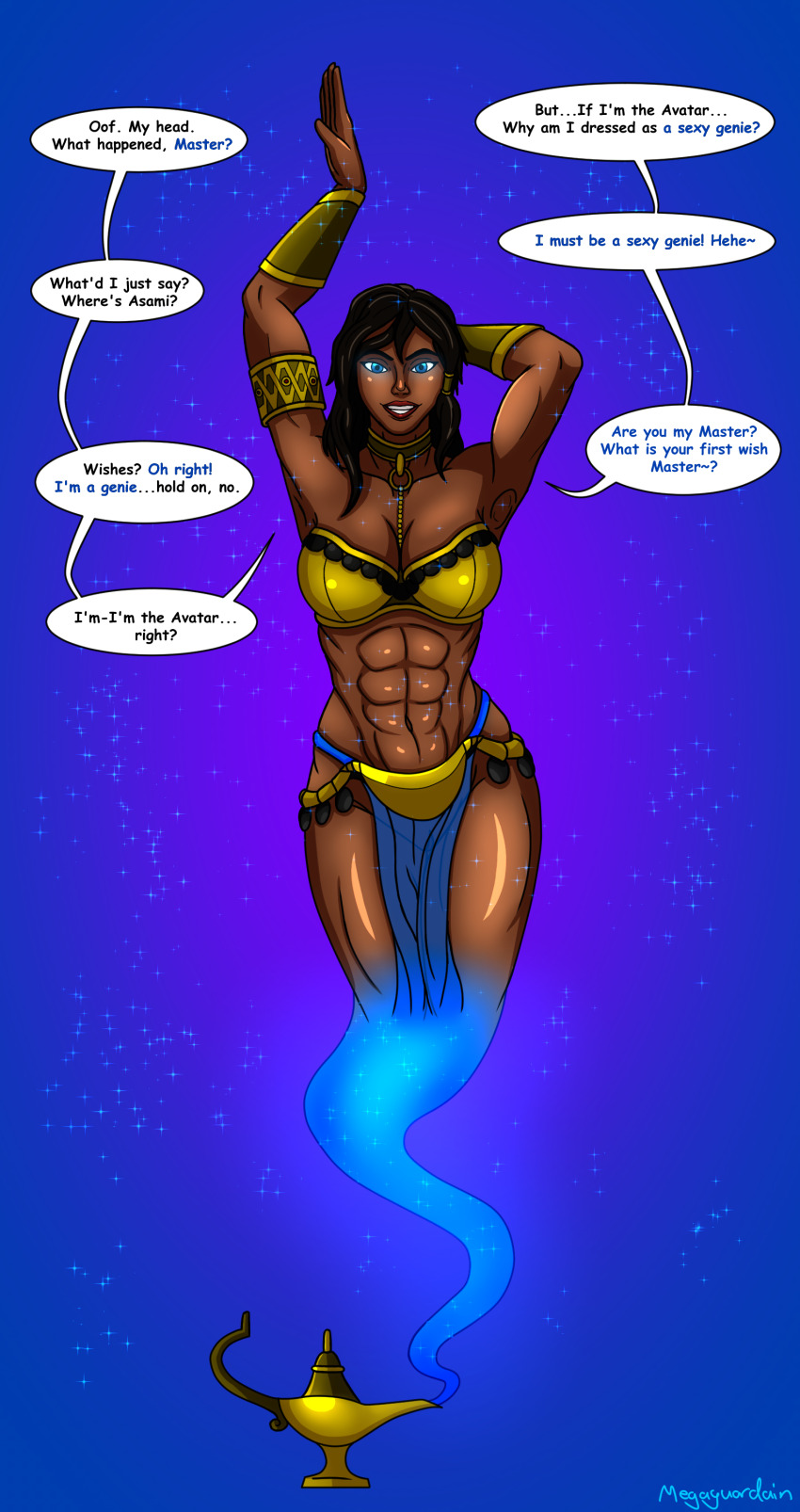 abs absurdres avatar_the_last_airbender blue_eyes breasts brown_hair cleavage dark_skin female_only femsub genie glowing glowing_eyes gold happy_trance harem_outfit jewelry korra large_breasts legend_of_korra long_hair megaguardain midriff muscle_girl nickelodeon resisting smile solo text transformation twintails western
