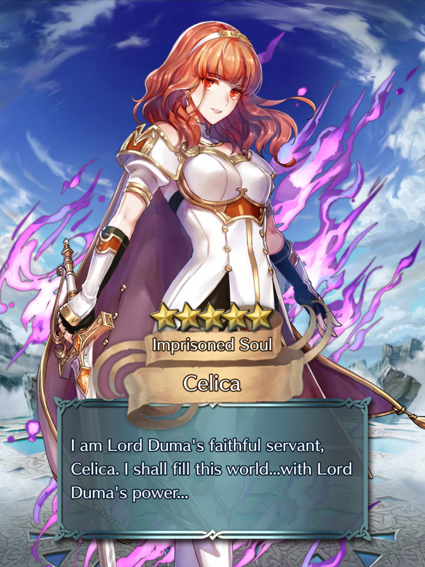 armor brown_hair celica_(fire_emblem) corruption female_only femsub fire_emblem fire_emblem_echoes fire_emblem_heroes hair_band nintendo possession red_eyes screenshot sword witch