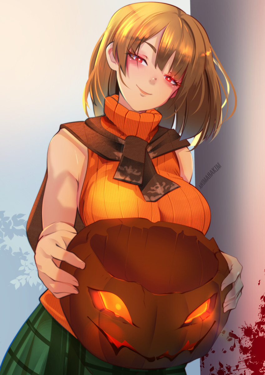 animahakim ashley_graham blonde_hair blood clothed corruption femsub glowing_eyes halloween jack_o'_lantern large_breasts pumpkin red_eyes resident_evil resident_evil_4 scarf skirt smile sweater tagme