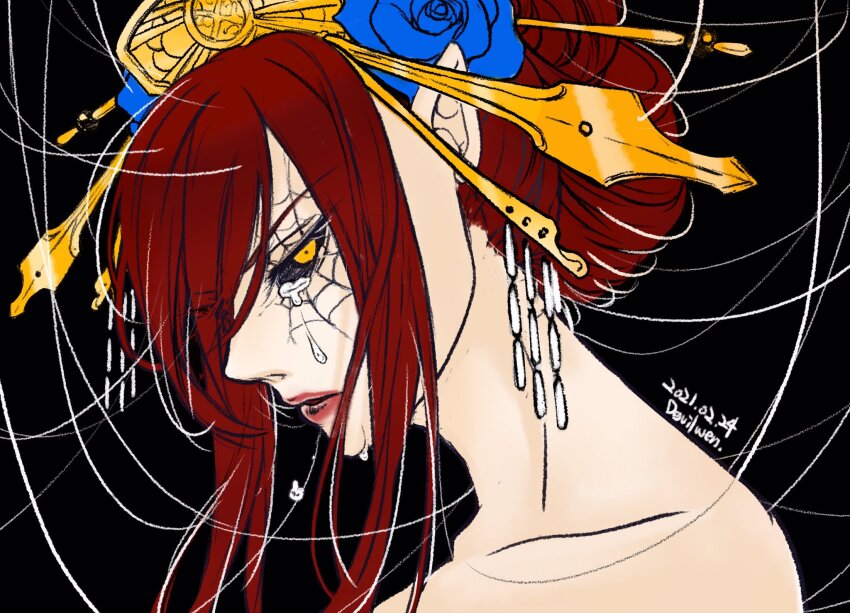 alternate_hairstyle black_sclera bug_girl corruption crown devilwen elf_ears erza_scarlet fairy_tail female_only femsub hair_covering_one_eye jewelry red_hair spider_girl spiderweb tears topless yellow_eyes