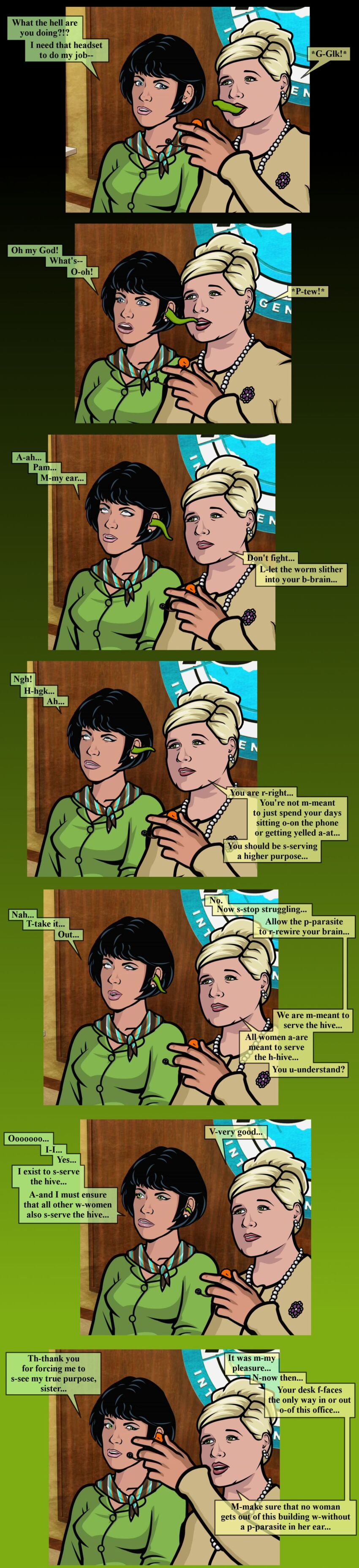 archer_(series) black_hair blonde_hair clothed dialogue english_text eye_roll female_only femsub green_eyes guyman806 hypnotized_dom hypnotized_hypnotist multiple_girls multiple_subs pam_poovey parasite receptionist_(archer) resisting text worm