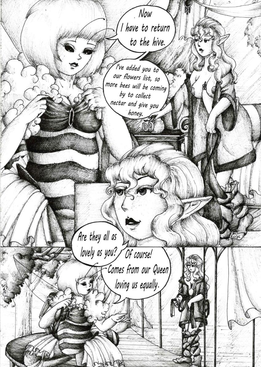 bee_girl breasts bug_girl comic elf elf_ears female_only justsketchingviolets large_breasts long_hair original short_hair sketch text traditional