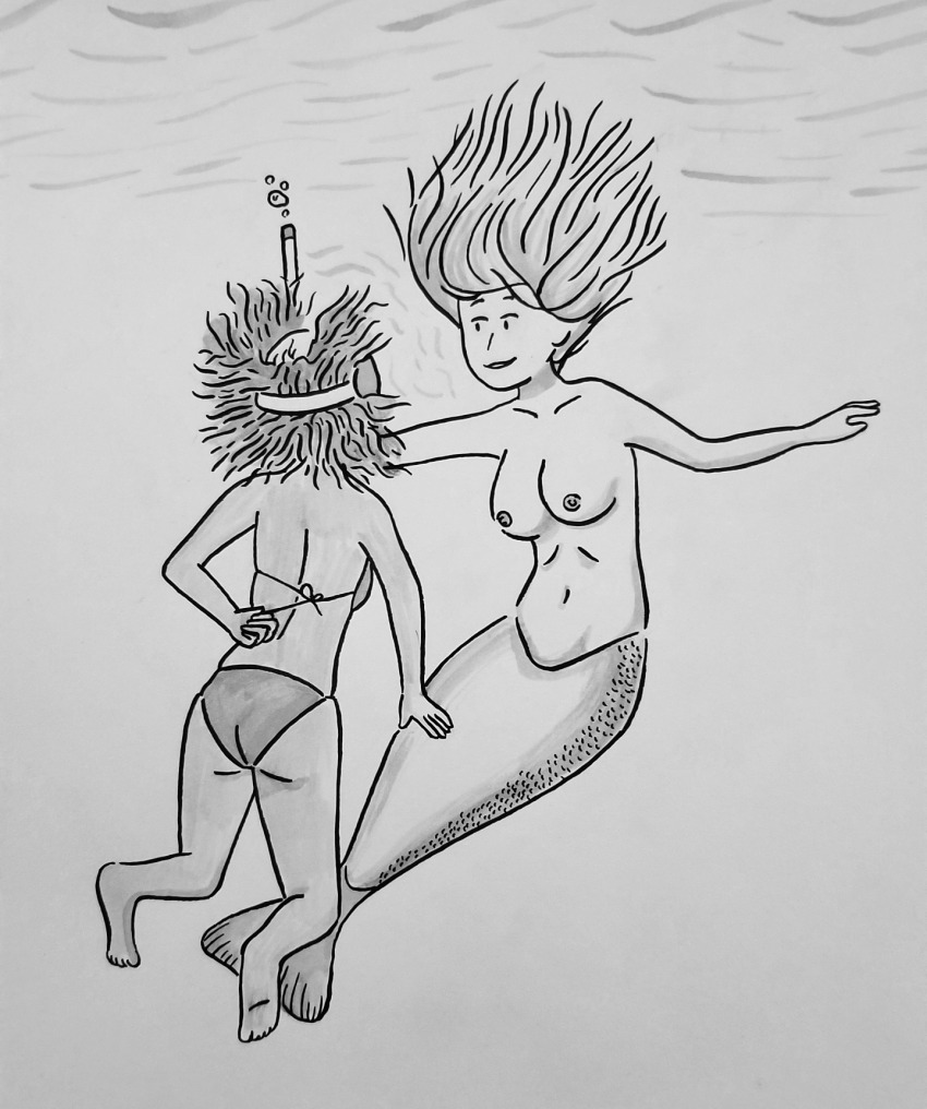 barefoot bikini breasts female_only femdom fish_girl greyscale kyrielle large_breasts mermaid nipples original simple_background topless underwear undressing western