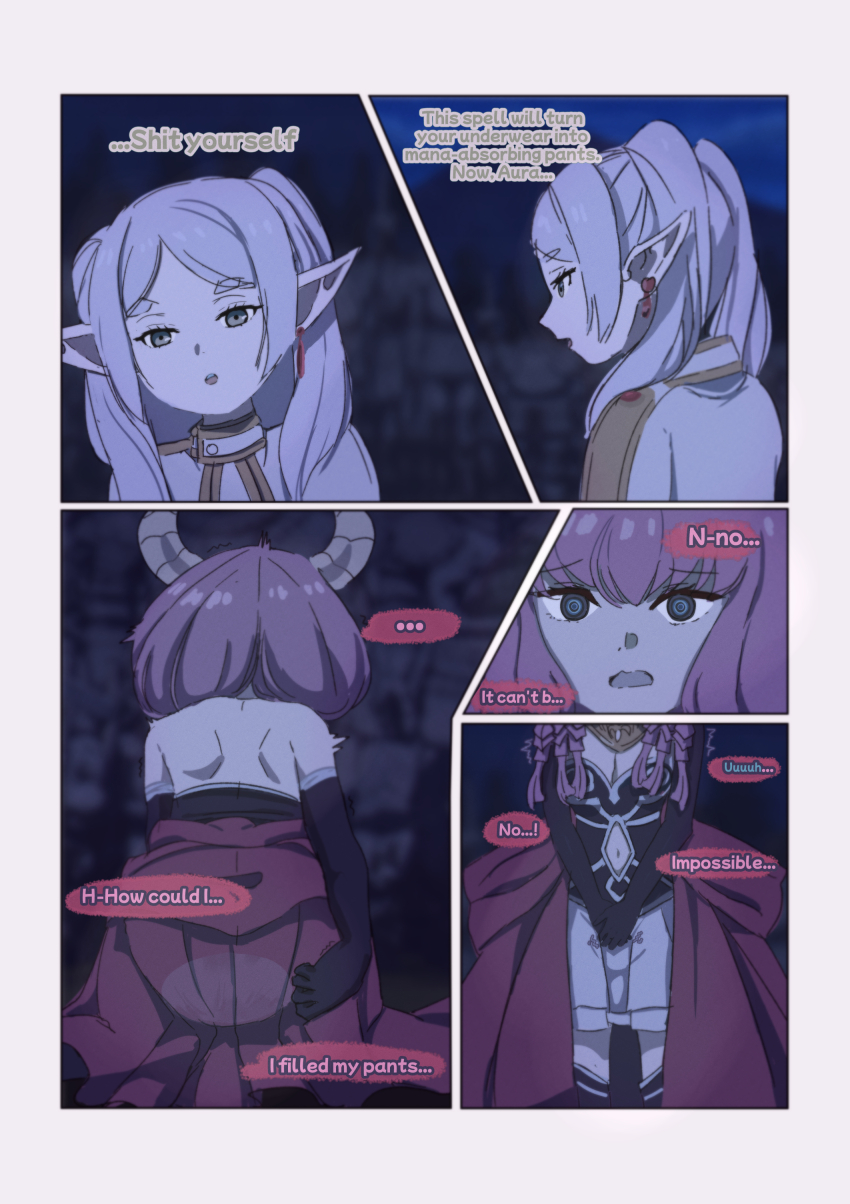 aura_(frieren:_beyond_journey's_end) breasts comic demon earrings elf_ears frieren frieren:_beyond_journey's_end humiliation long_hair magic mika_hime navel pink_hair resisting ring_eyes scat text white_hair