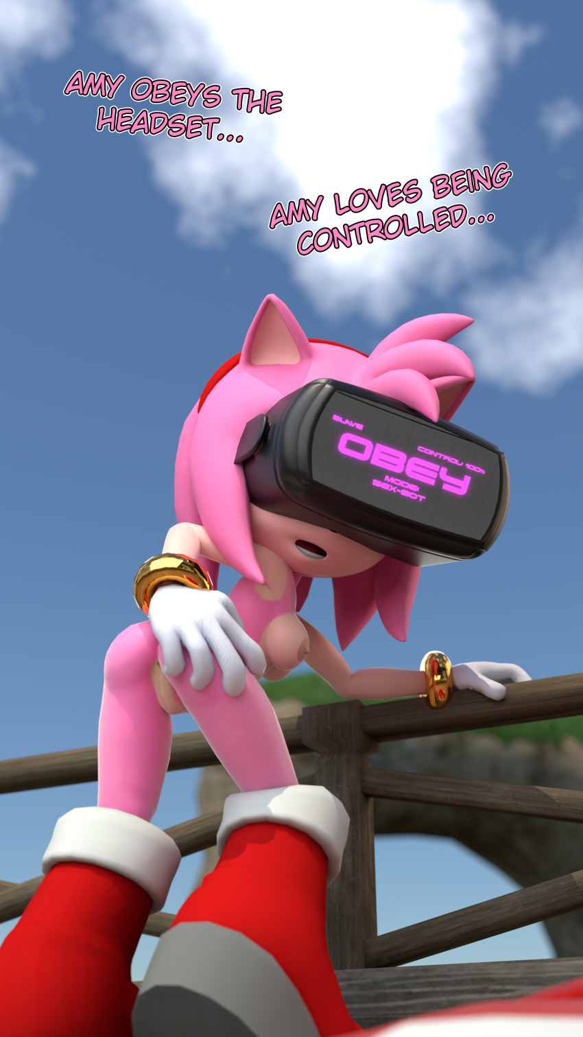 3d amy_rose ass boots breasts caption furry gloves glowing hypnotic_accessory looking_at_viewer nude open_mouth outdoors pink_hair pussy red_dress sonic_the_hedgehog_(series) spiralrose23 tech_control text visor