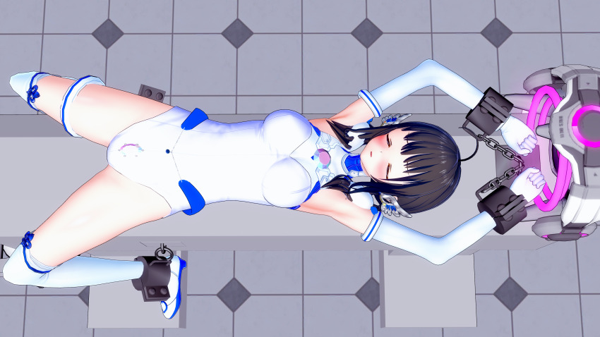 3d ahoge arms_above_head black_hair blush breasts chains chihaya_(koimin4) closed_eyes cuffs female_only femsub garter gloves jewelry koikatsu! koimin4 magical_girl on_back open_mouth opera_gloves original restrained shoes sleeping solo spread_legs thighhighs twintails