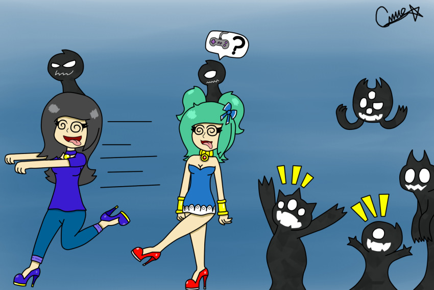 black_hair collar femsub green_hair high_heels hypnotized_walking long_hair maledom multiple_boys multiple_girls multiple_subs open_mouth possession running shyker simple_background soropin spiral_eyes symbol_in_eyes text tongue tongue_out twintails zombie_walk