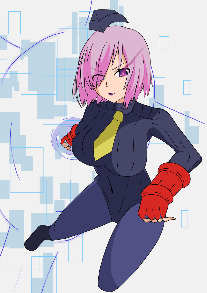 absurdres barenaitoomotte bodysuit eyebrows_visible_through_hair fate/grand_order fate_(series) female_only femsub fingerless_gloves gloves glowing glowing_eyes hair_covering_one_eye hat lipstick mashu_kyrielight midriff navel pink_eyes pink_hair shadaloo_dolls shield short_hair simple_background solo street_fighter tie