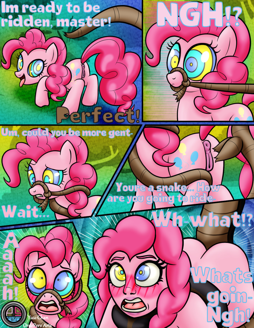 absurdres blush bottomless breasts coils comic dazed disney equestria_girls femsub happy_trance horse horse_girl hypnotic_eyes kaa kaa_eyes long_hair maledom my_little_pony nude open_mouth ordeper_arts pink_hair pinkie_pie smile snake text the_jungle_book topless western