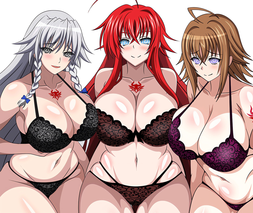 ahoge blush bra braid breasts brown_hair cleavage female_only femsub glowing glowing_eyes grayfia_lucifuge grey_hair happy_trance high_school_dxd huge_breasts large_hips light_skin lingerie long_hair looking_at_viewer manip milf misterman4_(manipper) mother_and_daughter multiple_girls navel panties red_hair rias_gremory smile spiral_eyes symbol_in_eyes tagme tattoo underwear venelana_gremory yxyyxy