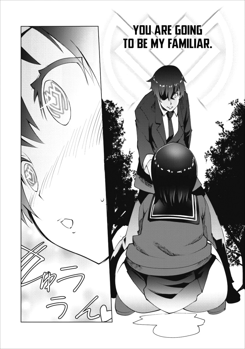 blush comic femsub greyscale hypnotic_eyes monochrome open_mouth school_uniform upon_being_exiled_from_my_class_i_decided_to_make_my_own_harem urination