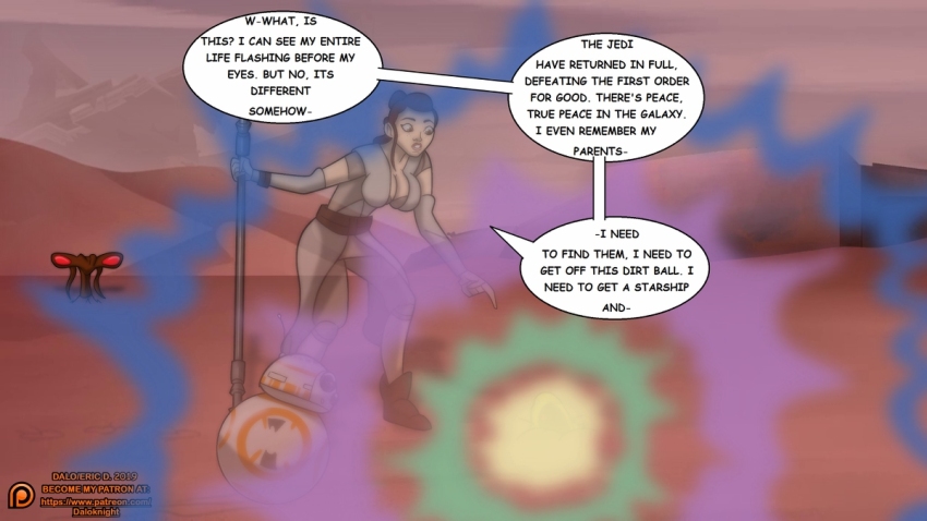 bb-8 brown_eyes brown_hair cleavage clothed dalo_knight dc_comics dialogue rey_(star_wars) robot skeets star_wars text