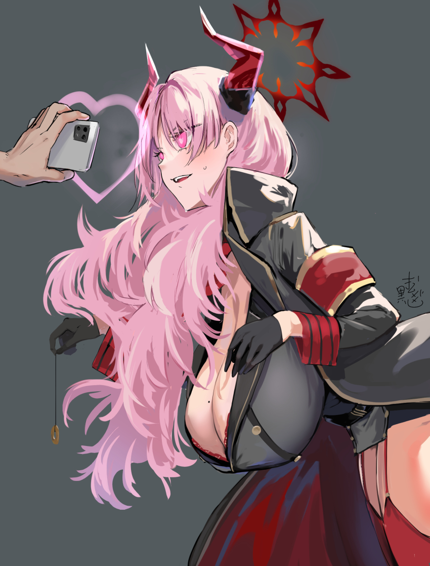 arm_bands bangs blue_archive blush breasts cell_phone cleavage coin dazed empty_eyes failed_hypnosis femsub garter_straps gloves halo hanging_breasts happy_trance heart heart_eyes horns huge_breasts hypnotic_app kurokawa_otogi leaning_forward long_hair military_uniform mole open_mouth pendulum phone pink_eyes pink_hair satsuki_(blue_archive) simple_background smile standing sweat symbol_in_eyes tech_control thighhighs uniform