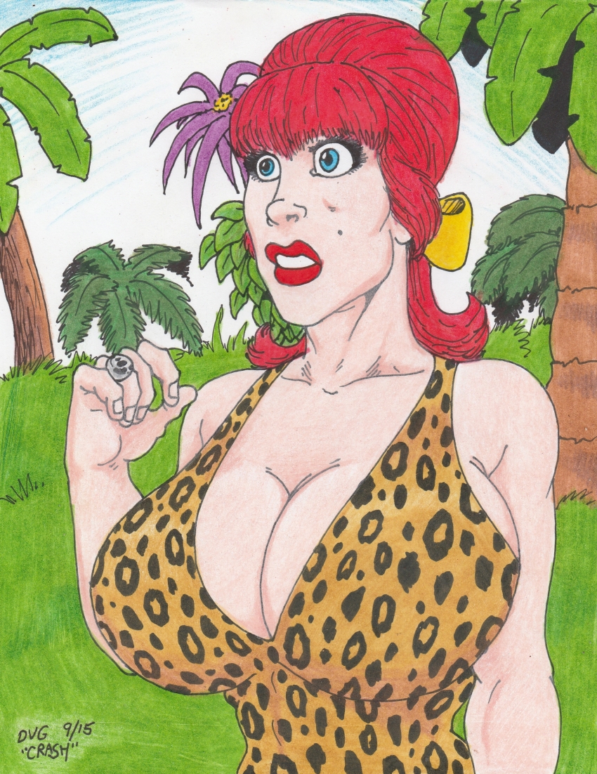absurdres bow breasts crash expressionless female_only femsub gilligan's_island ginger_grant hypnotic_accessory large_breasts leopard_print mole one-piece_swimsuit red_hair solo swimsuit traditional