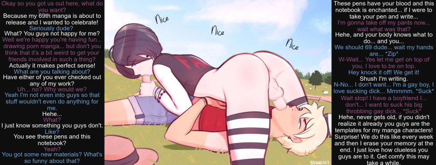 69 androgynous ass bdoneart black_hair blonde_hair blue_eyes bottomless caption censored crossdressing erection fellatio femboy jjmayoboy_(manipper) male_only malesub manip multiple_boys outdoors penis purple_eyes short_hair tagme tan_lines text thighhighs trap yaoi