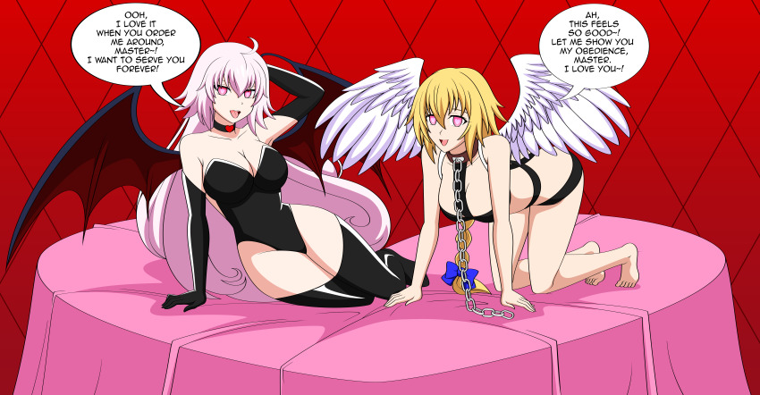 absurdres ahoge angel blonde_hair bow braid breasts chains collar dialogue fate/apocrypha fate/grand_order fate_(series) femsub gloves happy_trance heart heart_eyes jeanne_alter jeanne_d'arc_(fate) jimryu large_breasts leotard long_hair looking_at_viewer love male_pov maledom multiple_girls multiple_subs open_mouth opera_gloves pink_eyes pov pov_dom smile succubus symbol_in_eyes table text thigh_boots tongue tongue_out very_long_hair white_hair wings