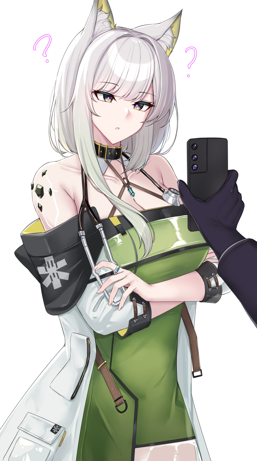 absurdres animal_ears arknights bare_shoulders cat_ears cat_girl cell_phone choker collar confused expressionless femsub glowing_eyes green_eyes kal'tsit_(arknights) kanta_077 stethoscope tech_control white_hair