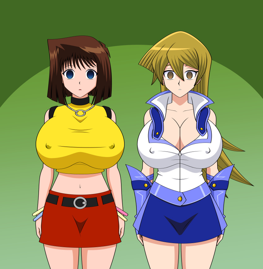 absurdres alexis_rhodes belted_skirt breasts cleavage collarbone empty_eyes erect_nipples erect_nipples_under_clothes expressionless femsub huge_breasts indifferent jimryu open_mouth shorts simple_background skirt standing standing_at_attention tea_gardner yu-gi-oh! yu-gi-oh!_gx
