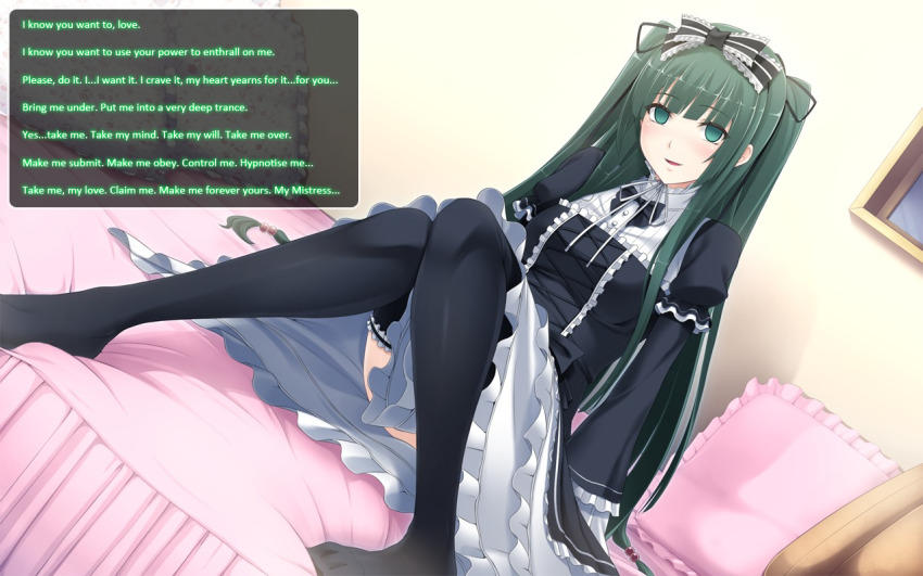 aliensdideverything_(manipper) assertive_sub bed blush consensual dialogue empty_eyes female_only female_pov femdom femsub frills green_eyes green_hair hair_band happy_trance long_hair looking_at_viewer manip pov_dom ribbon sitting smile text thighhighs