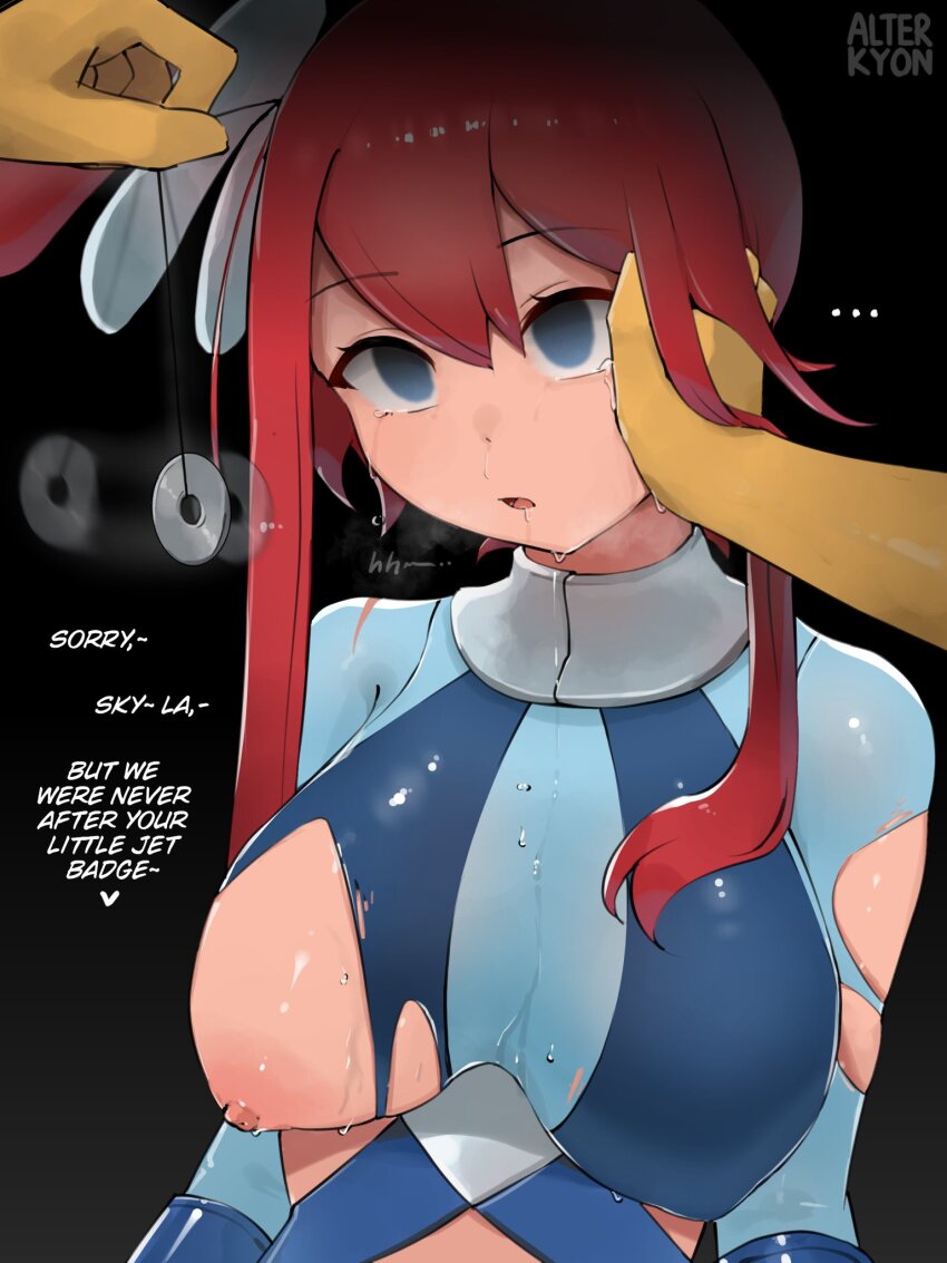 alterkyon before_and_after blue_eyes breasts coin drool empty_eyes femsub hypno long_hair nintendo open_mouth pendulum pokemon pokemon_(creature) pokemon_black_and_white pokemon_black_and_white_2 red_hair simple_background skyla tears text torn_clothes