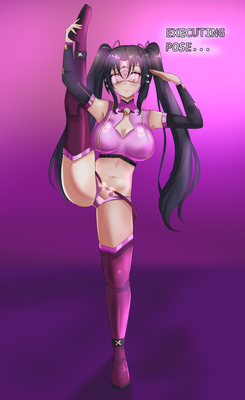 absurdres black_hair breasts cleavage cleavage_cutout expressionless female_only femsub gradient_background hair_ribbon high_school_dxd large_breasts navel saluting serafall_leviathan simple_background smeef solo standing_split tech_control text thighhighs twintails unhappy_trance visor