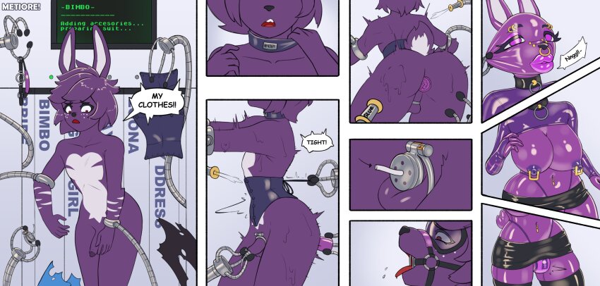 absurdres bulge bunny_boy bunny_ears butt_plug chastity clothed_exposure collar comic corset dialogue dressing embarrassed english_text eyelashes eyeshadow furry gag malesub mechanical_arm metiore midriff navel navel_piercing nipple_piercing nipples nose_piercing penis piercing puckered_lips purple_hair purple_skin red_eyes ring_gag ruined_life short_skirt skirt speech_bubble text thong undressing