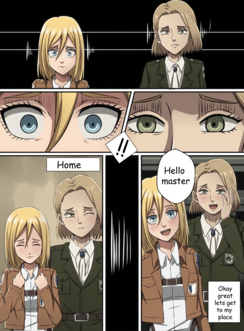 attack_on_titan blonde_hair blue_eyes brown_hair clothed comic empty_eyes english_text femsub green_eyes happy_trance historia_reiss hitch_dreyse jacket liaxox military_uniform multiple_girls open_mouth ribbon short_hair smile text