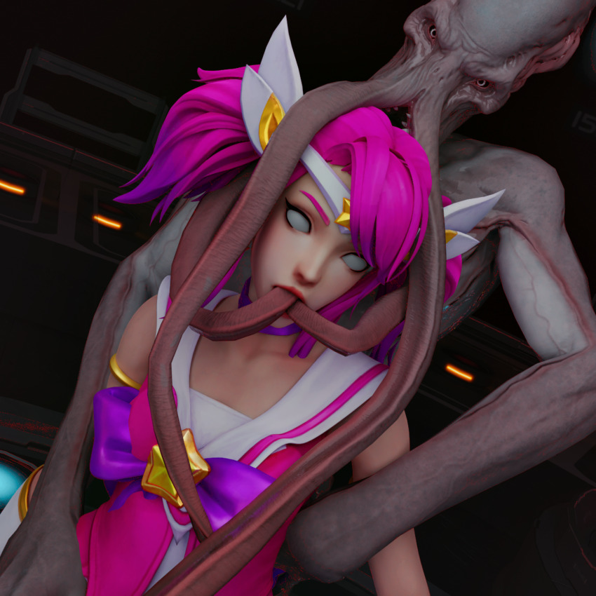 3d alternate_costume alternate_hair_color alternate_hairstyle bare_shoulders bow_tie choker corruption dungeons_and_dragons esccc femsub league_of_legends luxanna_crownguard mind_flayer pink_hair tentacle_in_mouth tentacles twintails whitewash_eyes wufan870203