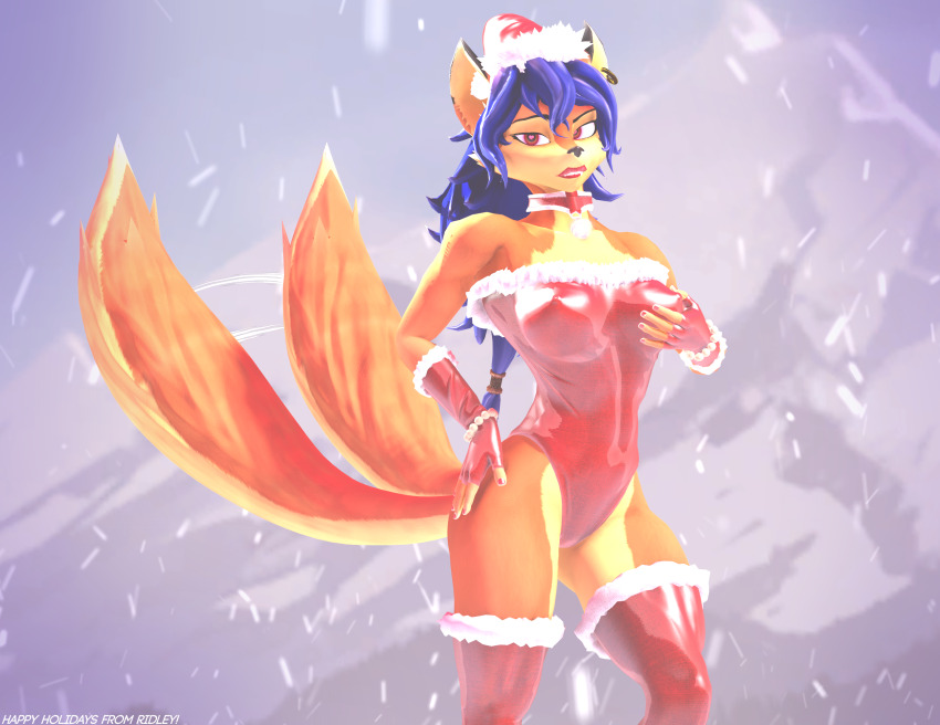 3d absurdres ass bangs bare_shoulders bell_collar blue_hair breast_grab breasts brown_eyes carmelita_fox choker christmas costume earrings erect_nipples_under_clothes female_only femsub fingerless_gloves fox_girl furry gloves hand_on_hip hat heart_eyes holding_breasts hypnotic_accessory large_ass large_breasts large_lips latex leotard lipstick long_hair looking_at_viewer multiple_tails nail_polish nipples outdoors ponytail red_eyes ridley_(artist) santa_costume santa_hat sly_cooper_(series) snow solo source_filmmaker standing symbol_in_eyes tail thigh_boots