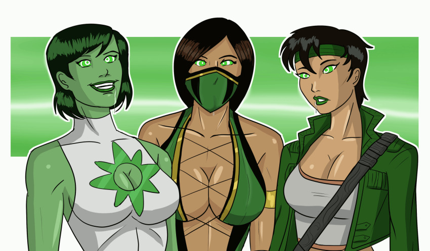 animated animated_eyes_only animated_gif beyond_good_and_evil black_hair breasts dazed dc_comics drool expressionless female_only femsub green_hair green_skin happy_trance jade_(beyond_good_and_evil) jade_(dc_comics) jade_(mortal_kombat) large_breasts long_hair mortal_kombat polmanning short_hair smile spiral_eyes super_hero symbol_in_eyes western