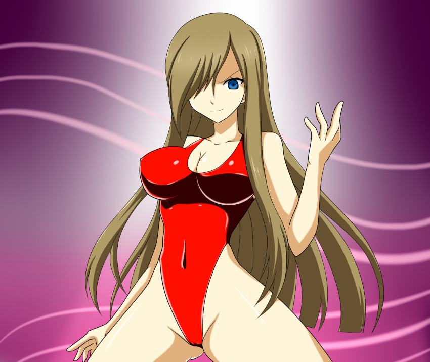 blue_eyes breasts brown_hair cleavage empty_eyes evil_smile female_only femsub hair_covering_one_eye large_breasts leotard long_hair sanshiki smile solo tales_of_(series) tales_of_the_abyss tear_grants