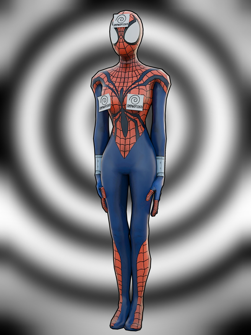 3d absurdres breasts female_only femsub marvel_comics may_mayday_parker saltygauntlet solo spider-girl spider-man_(series) spiral spiral_background standing standing_at_attention sticky_note super_hero talisman