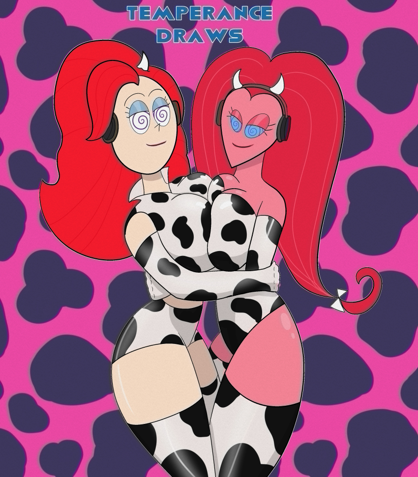 blue_eyes bow breasts cartoon_network cow_print female_only femsub foster's_home_for_imaginary_friends frankie_foster headphones hug hypnotic_audio latex leotard long_hair multiple_girls multiple_subs nemesister opera_gloves pink_hair pink_skin red_hair smile spiral_eyes symmetrical_docking tech_control temperancedraws