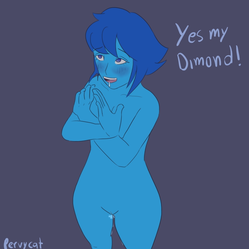 bare_legs blue_eyes blue_hair blue_skin blush bottomless dialogue drool empty_eyes femsub lapis_lazuli navel nude pervycat pussy pussy_juice saluting short_hair simple_background smile standing standing_at_attention steven_universe text topless