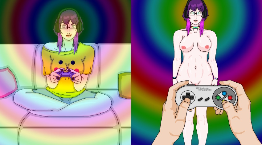 absurdres barefoot before_and_after bottomless breasts collar couch cuffs femsub game_controller gemna_(mezz+pokemongirl) glasses green_eyes light_skin mspainter navel nintendo nipples original pikachu pokemon purple_hair pussy rainbow_eyes remote_control shirt short_shorts simple_background sitting smile standing_at_attention topless