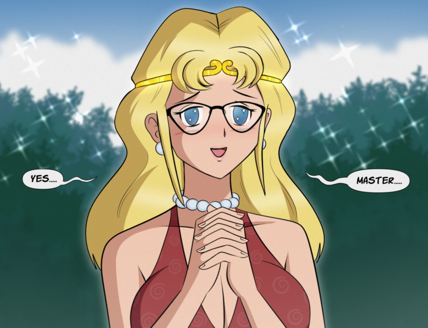 aurora_(jabberwocky) bare_shoulders blonde_hair blue_eyes blush breasts cleavage dialogue earrings female_only femsub glasses happy_trance headband hypnotic_accessory inuyasha_(series) jewelry long_hair love necklace open_mouth original polmanning smile solo speech_bubble stepfordization text tongue