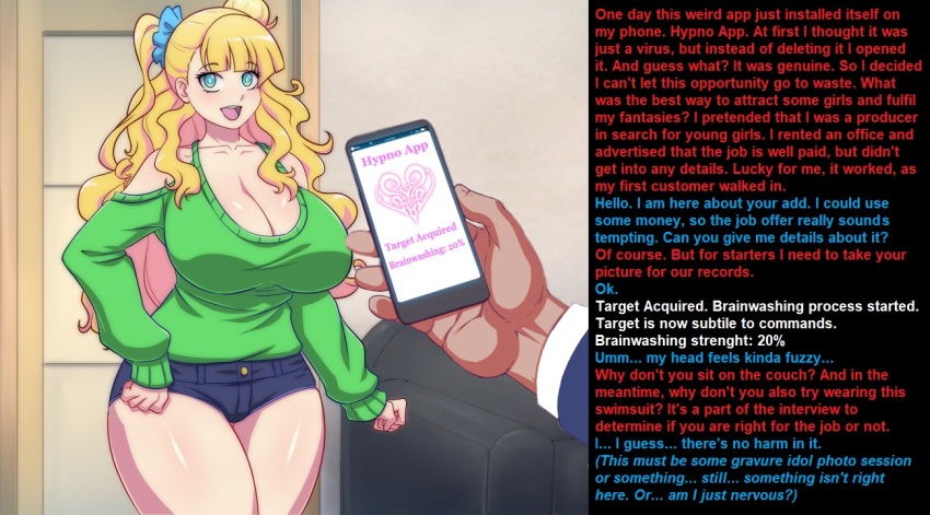 blue_hair blush bokuman breasts cell_phone cleavage femsub galko huge_breasts hypnotic_app long_hair looking_at_viewer maledom manip misterman4_(manipper) open_mouth please_tell_me!_galko-chan short_shorts tagme tech_control text