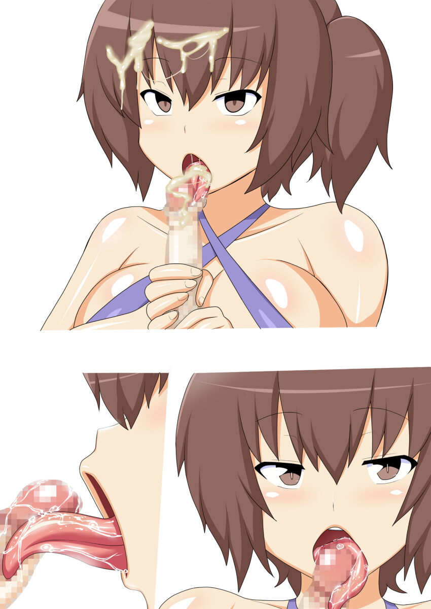 artist_request breasts brown_eyes brown_hair censored cleavage collarbone comic cum cum_in_mouth cum_on_hair erection expressionless fellatio huge_breasts kaga_(kantai_collection) kantai_collection kissing looking_at_viewer open_mouth penis short_hair sling_bikini tongue tongue_out